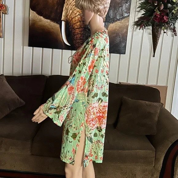 Caribbean Joe ~ Large ~ Green W/ Gold & Red Floral Tunic Swim Coverup Dress - Picture 12 of 15
